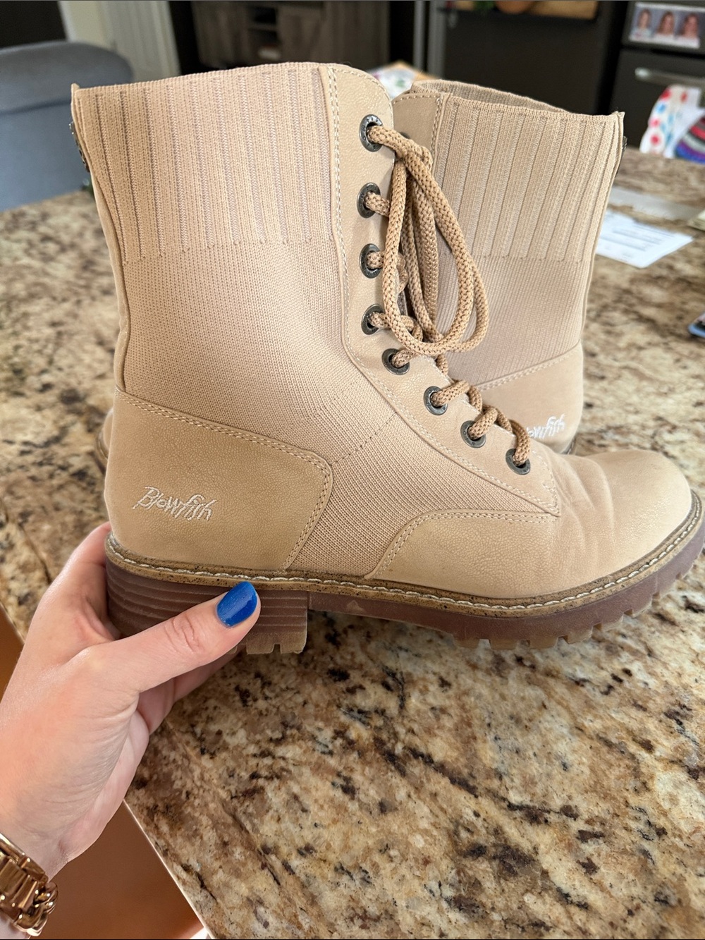 Women's Tan Lace-Up Knit Collar Combat Boots - Picture 2 of 8